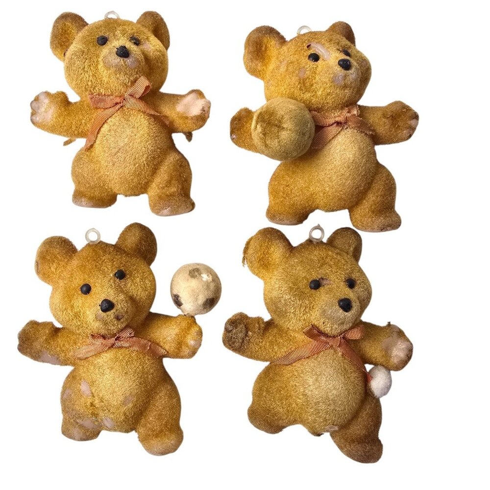 Vintage Flocked Teddy Bear Ornaments Lot Christmas Crafting Upcycle Sports Balls